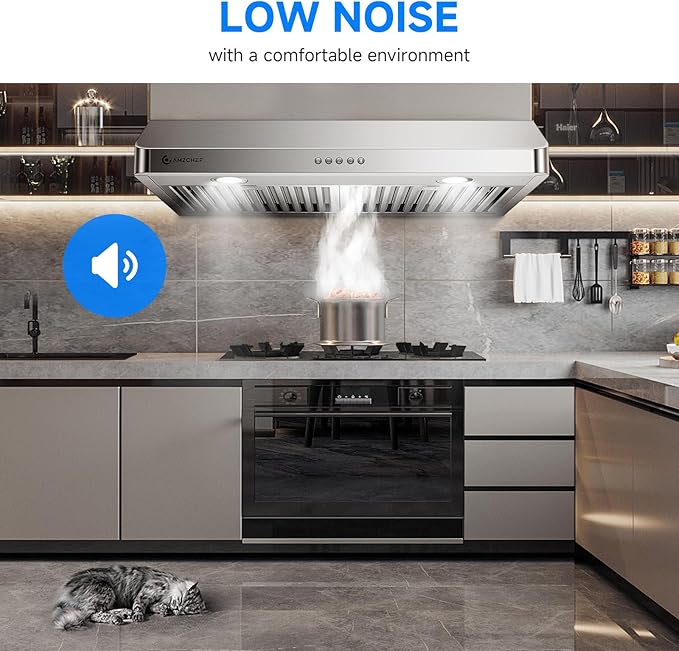 AMZCHEF Under Cabinet Range Hood 30 Inch, 750CFM Stainless Steel Kitchen Stove Vent Hood 3 Speed Exhaust Fan Button Control LED lights Dishwasher-Safe Baffle Filters Three Outlet Design