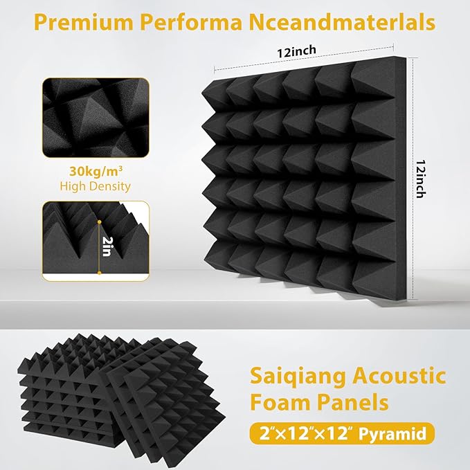 24 Pack Sound Proof Foam Panels for Walls, 2"X 12" X 12" Pyramid Designed Acoustic Foam Panels Sound Absorbing, Noise Cancelling Dampening Wall Panels for Studio Recording & Office & Home