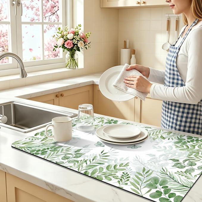 LOKHOM 17"x32" Dish Drying Mat， Green Plant Coffee Mat | Floral Butterfly Prints - Image 3
