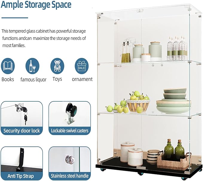 Yoluckea 3 Tiers Glass Display Cabinet with Bluetooth LED Light Strip, 2 Doors Floor Standing Curio Cabinet with Universal Wheel for Home, Black Glass Bookshelf for Collections, Clear Top