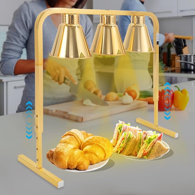 3-Head Food Heat Lamp Warmer Gold, 750W 3*Tungsten Bulb Buffet Display Heating Preservation Light for Buffet, 122℉ Insulation Electric Portable Heating Lamp Adjustable Height(Gold 3-Head)