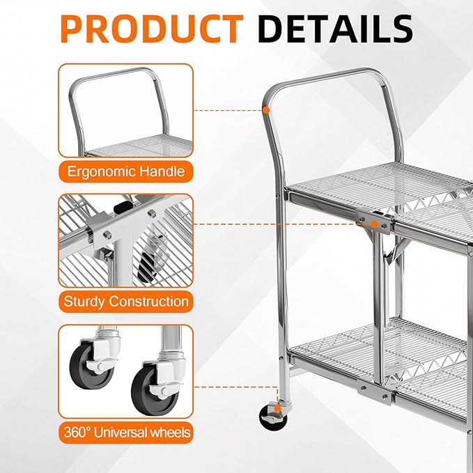 Collapsible 2 Shelf Wire Cart, Heavy Duty Collapsible Wire Rolling Utility Cart with Locking Brakes, 500lb Capacity, Folds Up for Storage, Chrome, 37.5" x 20.4" W x 36.2" H