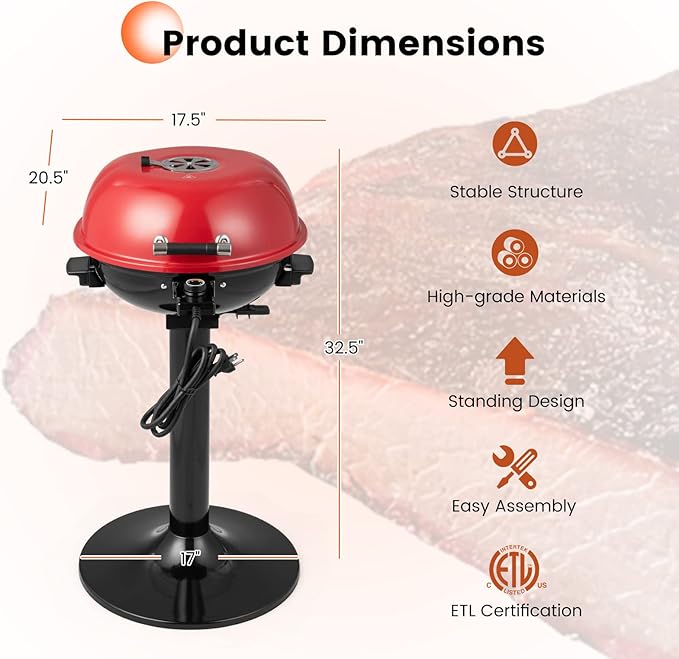 HAPPYGRILL 1600W Electric Grill Outdoor, Portable BBQ Grill with Warming Tray, Removable Non-Stick Grill Rack, Adjustable Temperature& Oil Drip Tray for Patio, Camping, Picnic