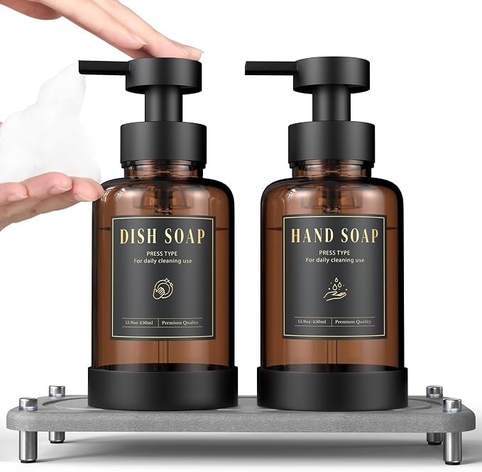 Luxspire 15oz Glass Foaming Soap Dispenser Set, Amber + Dark Gray, 2 Pack | by Luxspire