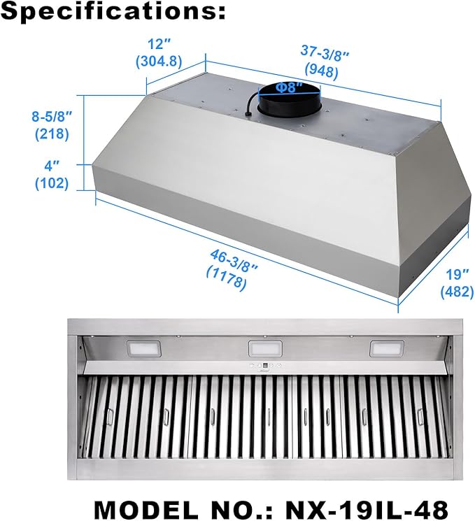 Akicon Range Hood Insert 48 Inch, 1200 CFM Built-in Kitchen Hood with 4 Speeds, Ultra-Quiet Stainless Steel Ducted Vent Hood Insert with Dimmable LED Lights and Dishwasher Safe Filters (Warm White)