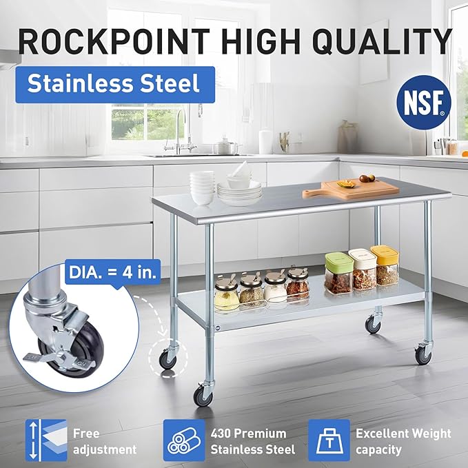 ROCKPOINT Stainless Steel Table for Prep & Work with Caster Wheels 24x24 Inches, NSF Metal Commercial Kitchen Heavy Duty Table with Adjustable Under Shelf and Table Foot for Restaurant, Home and Hotel