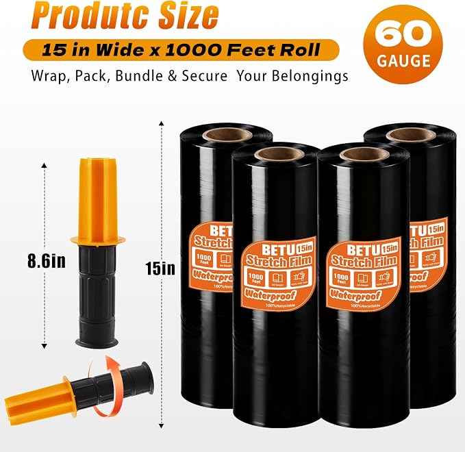 Black Stretch Film Shrink Wrap for Moving Supplies x 1000ft, Industrial - Image 2
