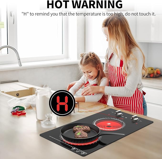 2 Burner Electric Cooktop - 12 Inch Electric Stove Top with Plug, 2100W Countertop Burners & Built-In Stove Top, 9 Levels of Power, Knob Control, Timer & Kid Safety Lock, Residual Heat Warning
