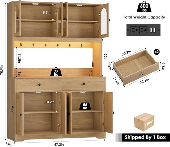 HIFIT 71" LED Kitchen Pantry Cabinet with Power Outlet, Large Kitchen Hutch Storage Cabinet with Arched Door & Shelves & 2 Drawers, Tall Modern Coffee Bar w/Hutch for Home Dining Living Room, Natural