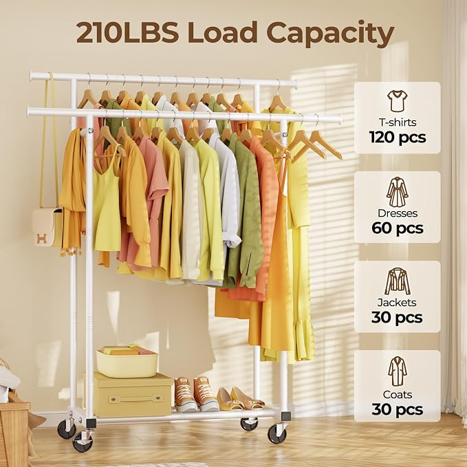 HYSEYY Double Rods Clothes Rack, Rolling Clothing Rack - Image 2