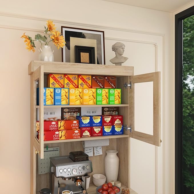 71" Tall Farmhouse Kitchen Pantry, Large Storage Cabinet with Glass Doors and Drawers, Freestanding Coffee Bar Hutch with Microwave Stand, Adjustable Shelves for Kitchen, Living Room, Brown 4 Pcs