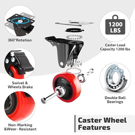 Nefish 2 Inch Casters (8 Pack), Heavy Duty Top Plate Caster Wheels with Brake, 360 Degree Durable Locking Furniture Swivel Castors, No Noise Polyurethane Wheels for Cabinet, Furniture