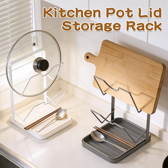 Kitchen Pot Lid Storage Rack, Pot Lid Holder With U-Shaped Vertical Slots, Multifunctional Kitchen Pot Cover Organizer for Countertop, With Removable Drip Tray for Stove Top (Black)