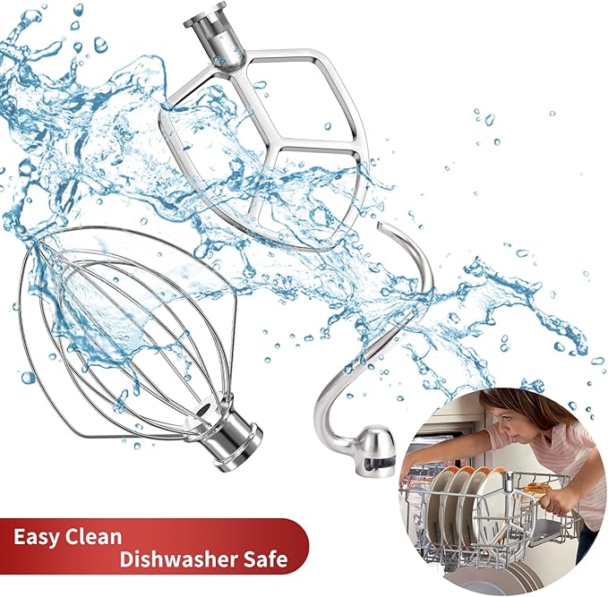 Stainless Steel 3 Piece kit Attachments for KitchenAid Stand Mixer and 5.5-6 Quart Bowl, Dishwasher Safe (5.5-6QT Flat Beater, 6QT Dough Hook, KN256 6-Wire Whip Attachment)