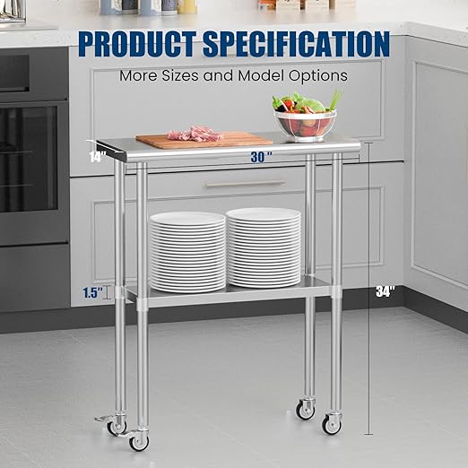 Stainless Steel Table with Wheels 14 x 30 Inches Metal Prep Table with Adjustable Undershelf & Casters for Commercial Kitchen, Outdoor, Restaurant, Hotel & Garage