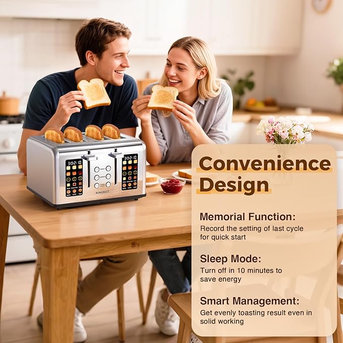 4 Slice Touch Screen Toaster, Easy-to-Use Digital Stainless Steel Toaster with Wide Slots, Reheat Defrost Cancel, Removable Crumb Tray, Silver
