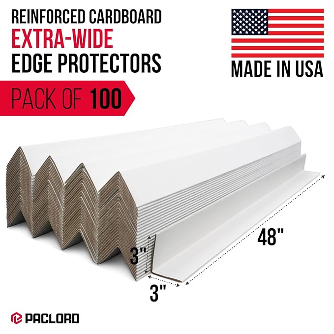 Extra-Wide 48" x 3" x 3" Reinforced Cardboard Edge Protectors (Pack of 100) – 0.225" Heavy-Duty Thickness – Cardboard Edge Protectors for Shipping – American Quality Pallet Edge Protector