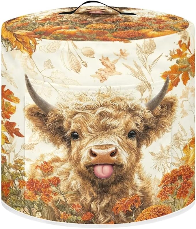 NEITLGEN Maple Leaf Highland Cow Kitchen Appliance Dust Cover Universal Size 8 Quart Pressure Cooker/Air Fryer/Rice Cooker Cover with Top Handle and Storage Pocket Thanksgiving Day Decor