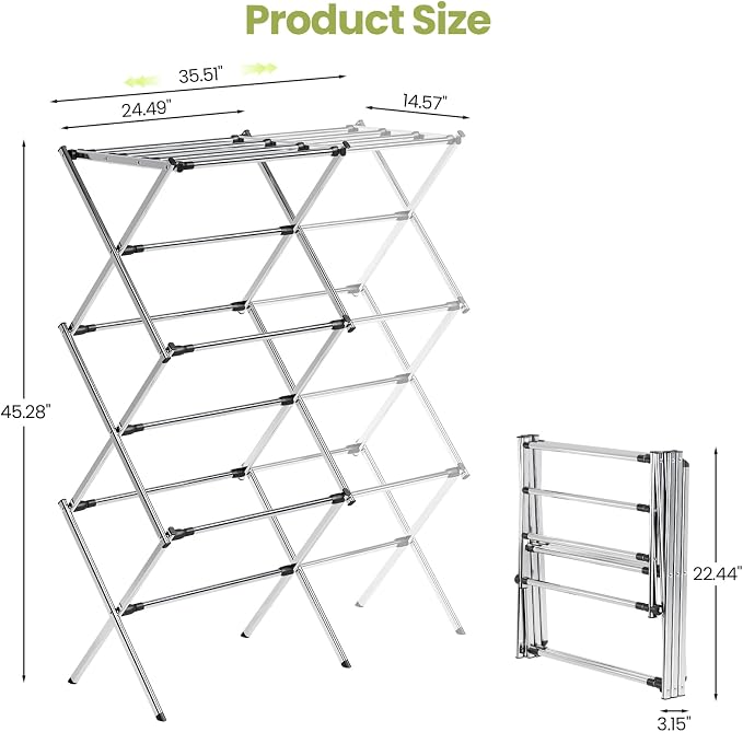 Stainless Steel Clothes Drying Rack, 45.28" H × 14.57" D | Foldable & Extendable - Image 4