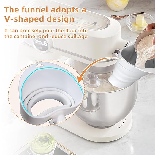 Flour Funnel for Kitchen Aid Mixer, Easy Pour No-Mess Attachment, Food-Grade Silicone Funnel, Stand Mixer Attachment for Tilt-Head Stand Mixer 4.5 & 5 Quart (KSM150), Anti-Splash Accessory (White)