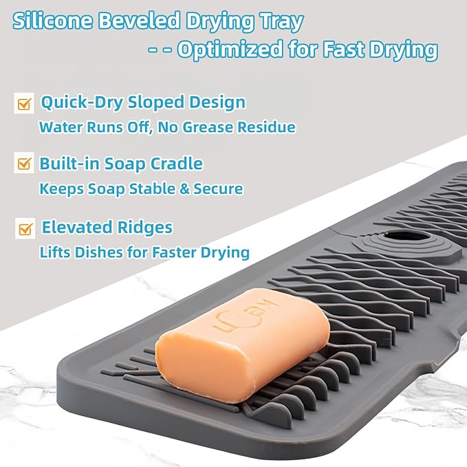 Silicone Faucet Handle Drip Catcher Beveled Drying Tray Mat Dish Soap Sponge - Image 2