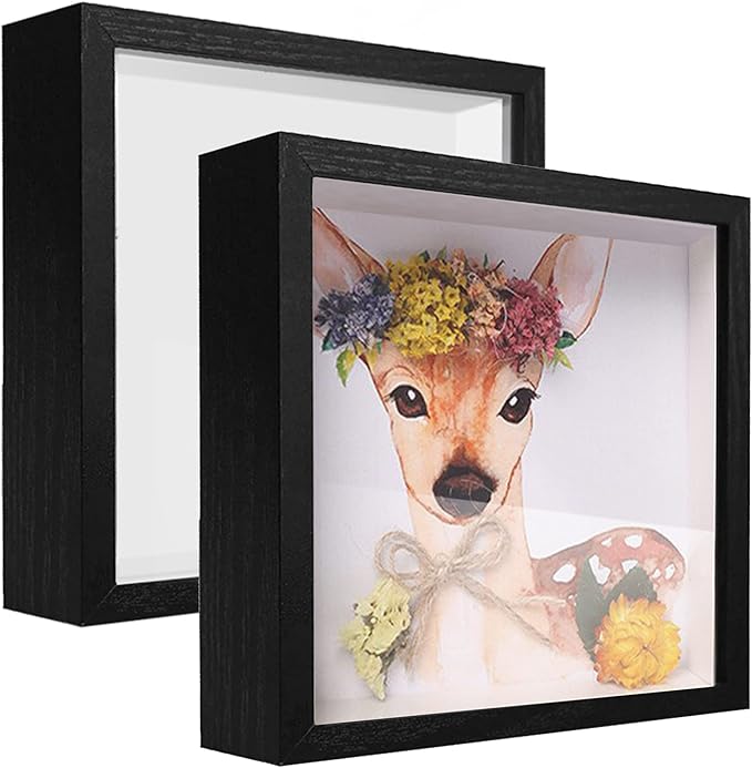 5x5 Small Shadow Box Frame Display Case, Wood with Plexiglass, Display Case Box for Memorabilia, Medal, Crafts,Tickets & Photos, Picture Frame for Wall and Tabletop (2pcs-Black, 5x5)
