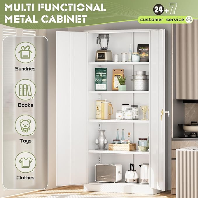 Oakmont Metal Storage Cabinet for Tool Organization, 72" Lockable Garage Storage Cabinets with 2 Doors and 4 Adjustable Shelves, Locking File Cabinet for Office, Home, School (72“ Wide-White)