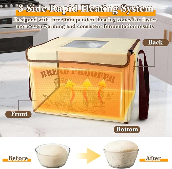 Folding Bread Proofing Box with Temp Probe & 48H Timer, 45W Dough Proofer with 3-Side Heating, 50–113℉ Precise Temp Control, Metal Rack & Tray, Foldable Insulated Box for Sourdough, Pizza, Yogurt