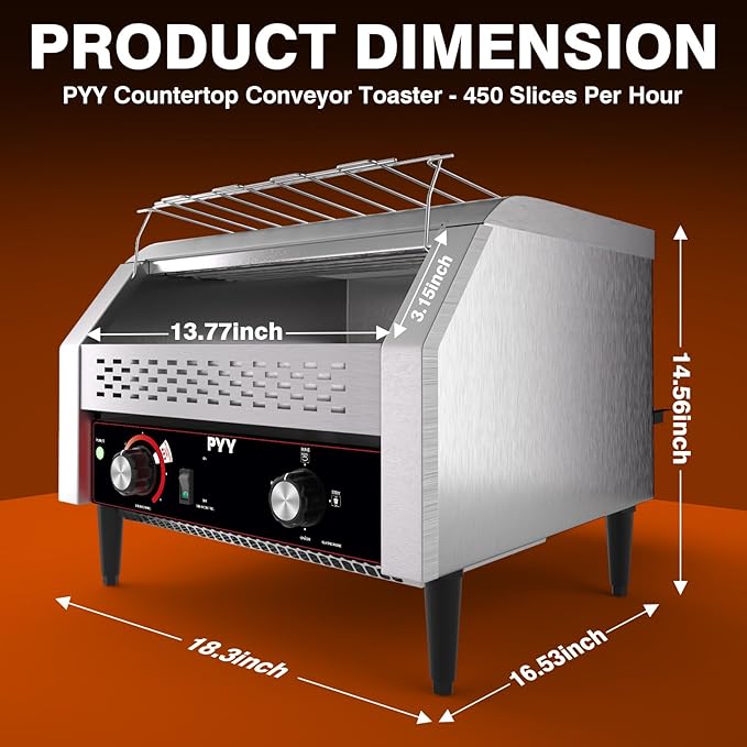 PYY Commercial Conveyor Toaster 450 Slices/Hour, Electric Conveyor Belt Toaster for Toast, Bun, Bagel, Bread, Heavy Duty Stainless Steel Toaster Oven for Restaurant, Bakery, Buffet Use