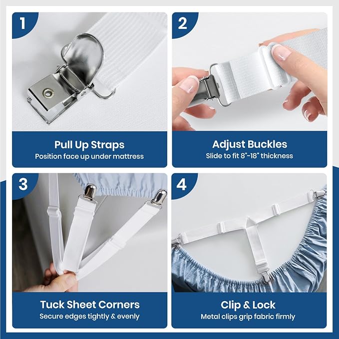 FeelAtHome Adjustable Bed Sheet Clips & Corner Fasteners, 4 Pack, RV & Bunk Beds - Image 5