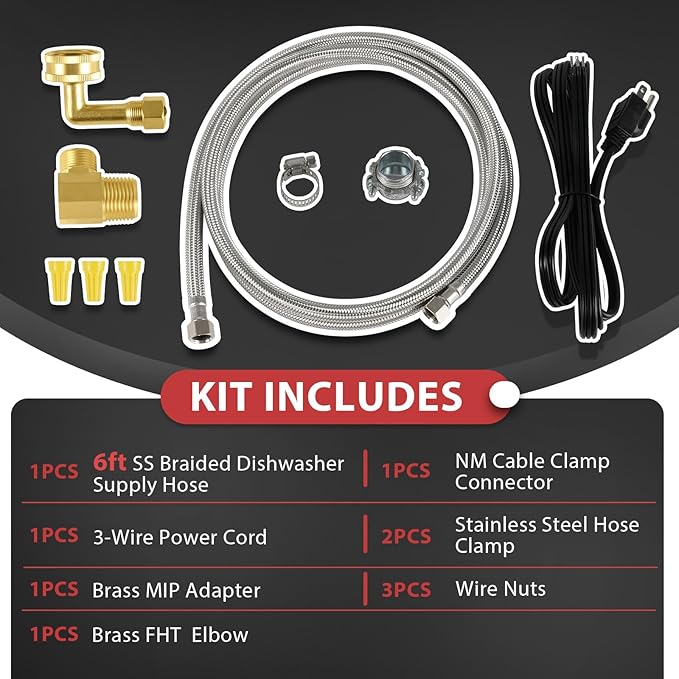 (5 Kit) Efield Dishwasher Installation Kit, 6 FT Stainless Steel Supply Hose, 3/8" X 3/8" Compression Adapter, 3-Wire 6” Power Cord with Tap,(HOSE149-5PCS)