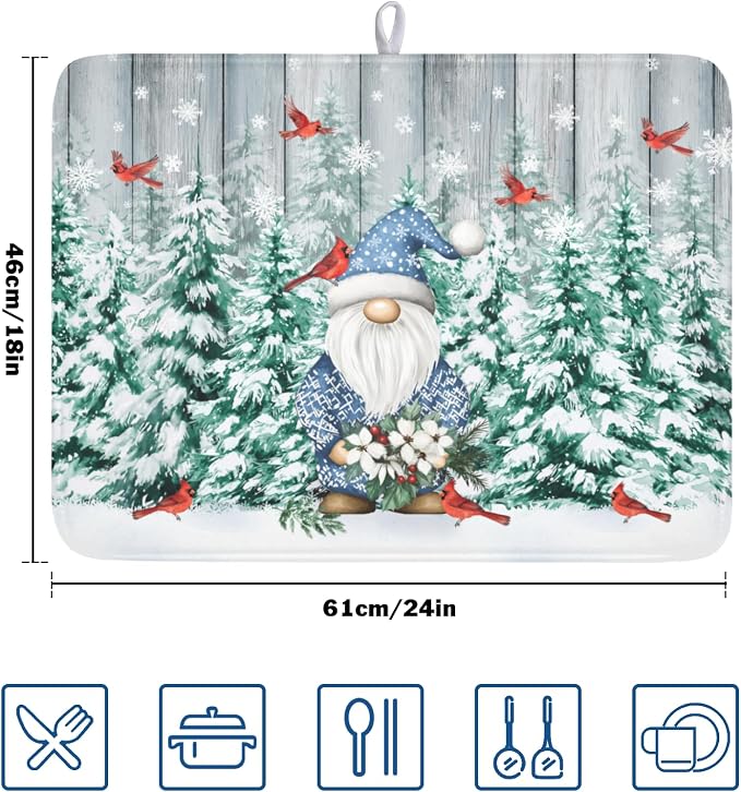 Giwawa Winter Gnome Dish Drying Mat Pine Tree Dishes Pad 18"x24" Microfiber - Image 2