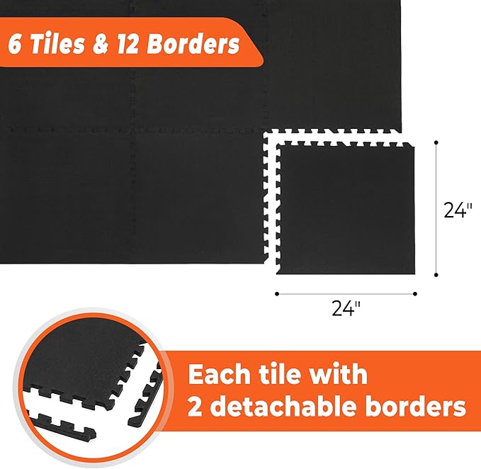 SUPERJARE 0.4'' Thick 6 Pcs 24 Sq Ft Rubber Top Exercise Equipment Mats, High Density EVA Foam Mats with Rubber Top, Interlocking Gym Flooring for Home Gym, Protective Workout Mat, Black