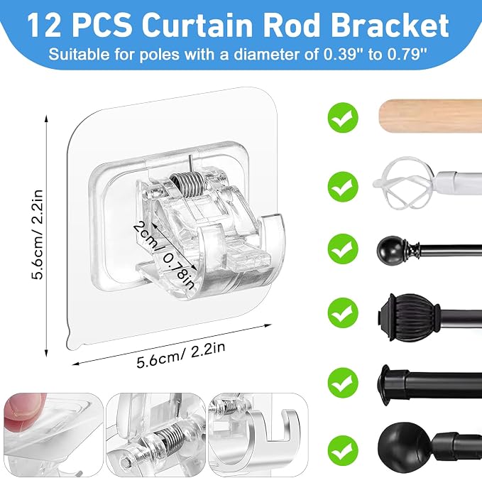 12 Pack Self Adhesive Curtain Rod Holder, No Drill Curtain Rod Brackets - Image 2