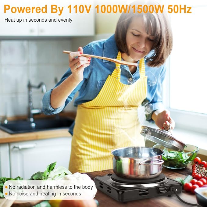 Portable Hot Plate, 1500W Cast Iron Single Countertop Burner, Electric Stove with 5 Levels Adjustable Temperature, Cooktop for Home RV Camping, Easy to Clean, Black