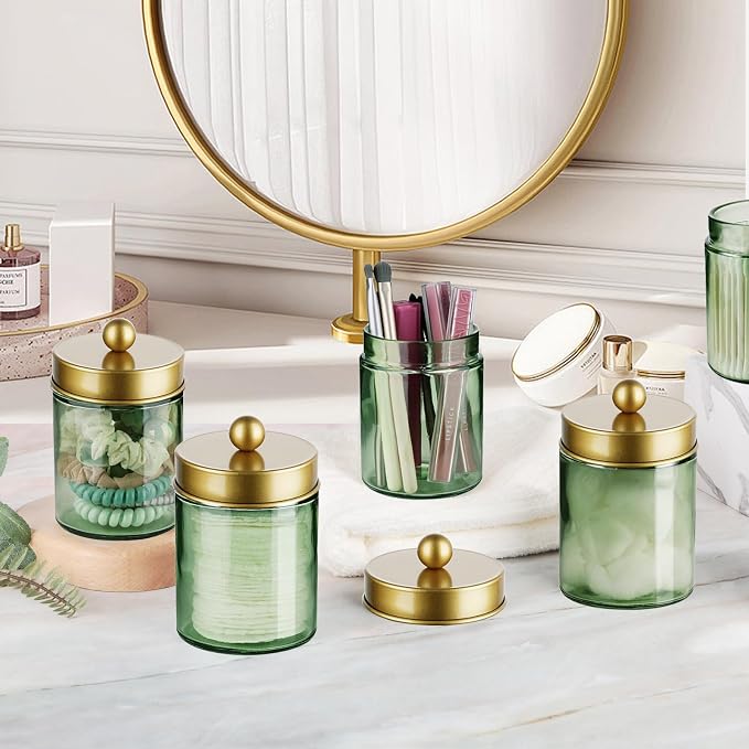Amolliar Green Glass Apothecary Jar, Qtip Holder Bathroom Decor - Image 5