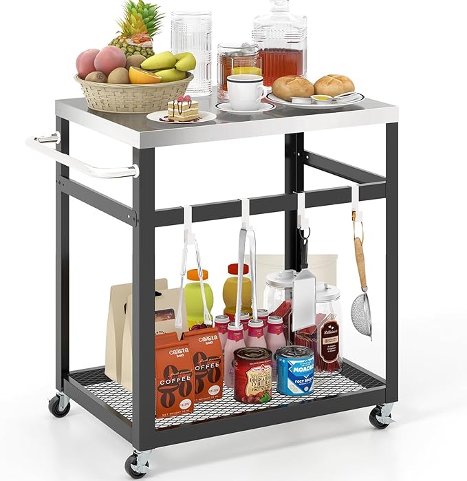 Giantex Outdoor Grill Cart with 29''W x 20''D Stainless Steel Top, Storage Shelf, Outdoor Cooking Food Prep Table with Wheels, Movable Pizza Oven Stand Serving Cart for Backyard BBQ Party Kitchen