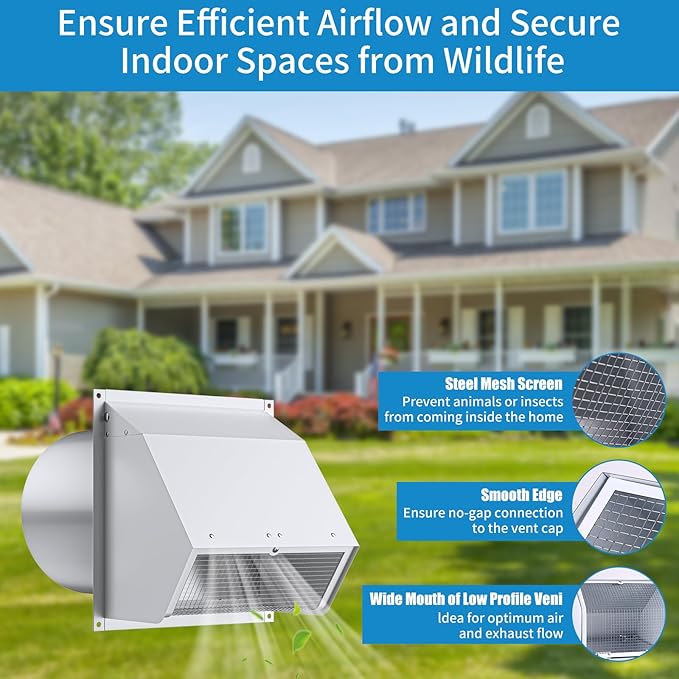 4 Inch Wall Vent Cover with Screen and Damper,Heavy Duty Stainless Steel Exhaust Vent Cover Cap,Dryer Vent Pipe is 8-1/4 inch and Long Enough for House White