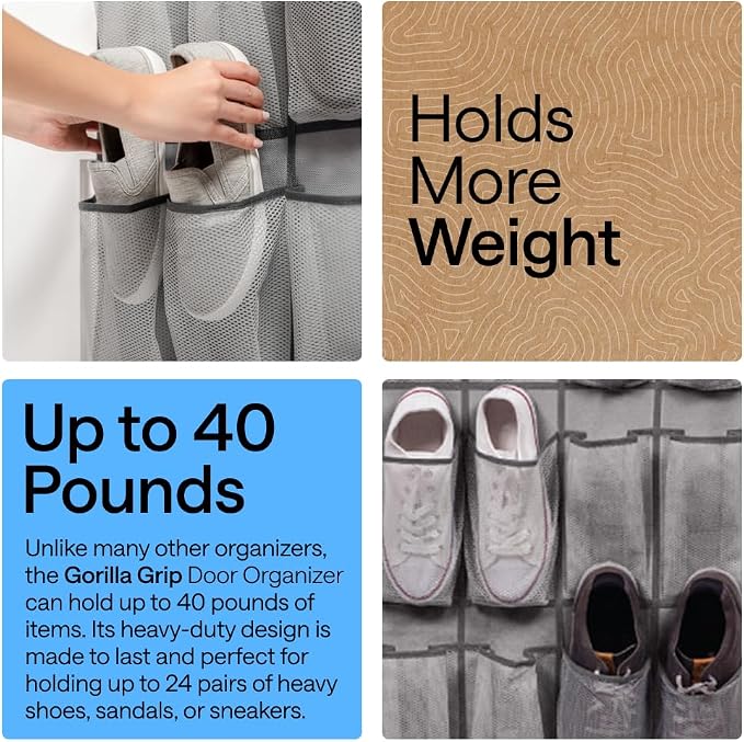 GORILLA GRIP Over the Door Shoe Organizer, 24 Extra Large Pockets, Space Saving - Image 3