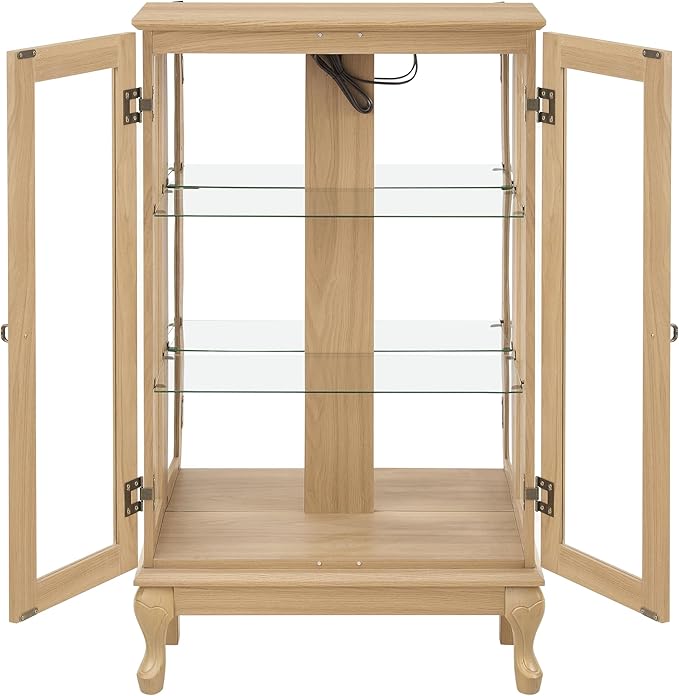 43" H Lighted Curio Cabinet Display Case, Glass Curio Cabinet with Adjustable Shelves & Tempered Glass Door, Wooden Cabinets with Mirrored Back Pane for Living Room (Light Oak)