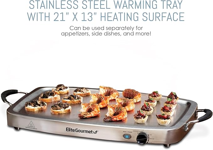 Elite Gourmet EWM-9933 Triple 3 x 2.5 Quart Trays Buffet Server 7.5 Qt Oven Safe Pan Food Warmer, Temperature Control, Clear Slotted Lids, Perfect for Parties, Entertaining & Holidays, Stainless Steel