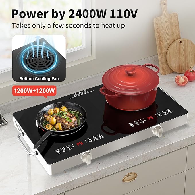 Electric Cooktop,110V 2400W Stove top, Countertop Cooktop with 9 Power Levels, LED Display,Child Safety Lock, Timer,Knob and Touch Control 2 burner Electric cooktop