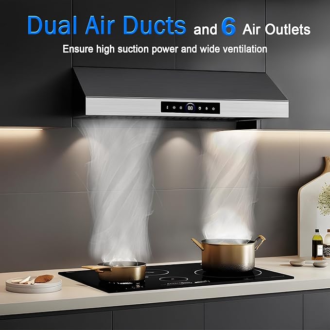 30" Under Cabinet Range Hood- 1200CFM Ultra Powerful Stainless Steel Ducted Vent Hood with 4 Speeds,Smart Touch Panel, 3W LED Lights, Quiet Kitchen Exhaust Hood,17S-E30