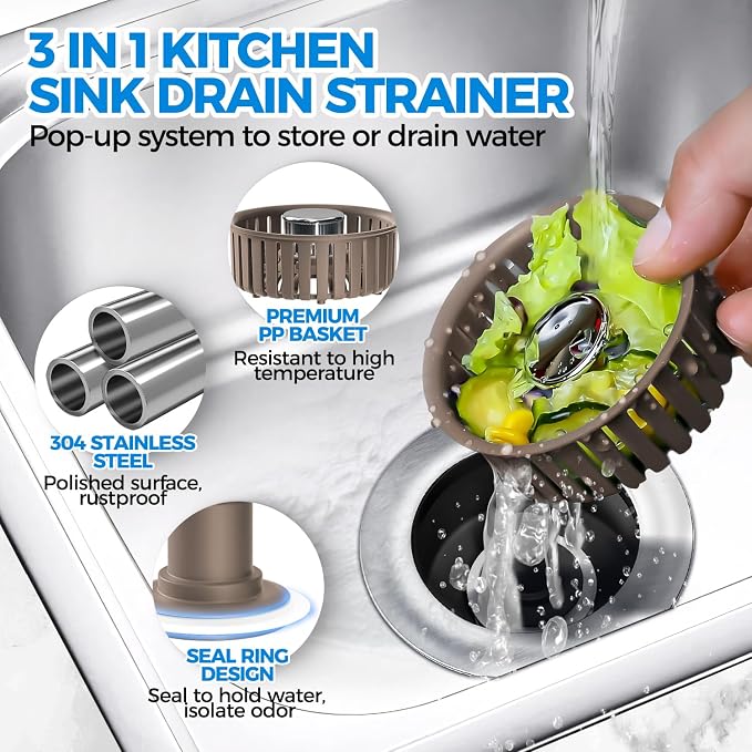zaa 3 in 1 Kitchen Sink Drain Strainer Stopper Removable Basket Pop-Up - Image 2