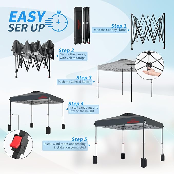 10x10 Pop Up Canopy, Easy Up Canopy Tent, Heavy Duty Tents for Parties, One Person Set Up Event Tent, Grey
