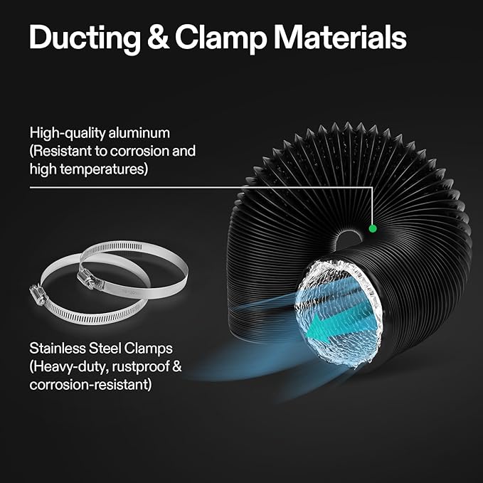 VIVOSUN Dryer Vent Hose, 4 inch Aluminum Foil Ducting, 16FT Long Heavy-Duty Dryer Hose Vent Kit for HVAC Ventilation, Exhaust, Duct Fan Systems, Black Flexible Air Duct w/ 2 Clamps