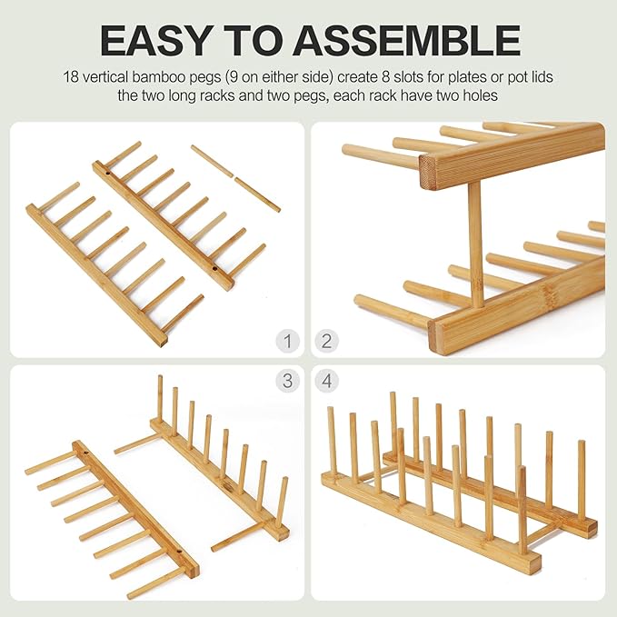Bamboo Wooden Dish Rack for Cabinets,Plate Organizer for Cabinet Space Saver,Vertical Plate Holder for CabinetsPlates Organizer for Kitchen Cabinets Pot Cutting Board OrganizerDish Storage Rack Stand