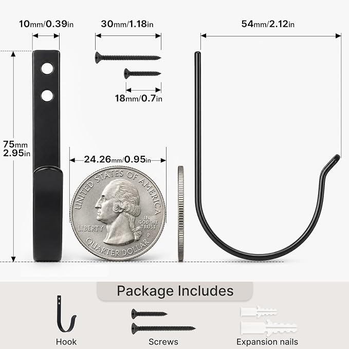 POZEAN 12 Pack Black Coat Hooks, Heavy Duty Wall Mounted Single Prong Hooks | - Image 5