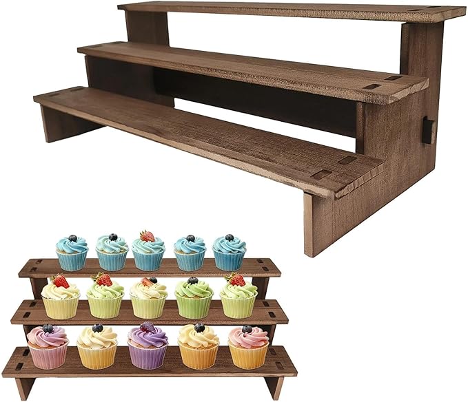 Wood Display Stand - Rustic Cupcake Stands, Tiered Cupcake Stand, 3 Tier Wood Risers Display Stands for Cup Cake, Dessert, 2 Pack