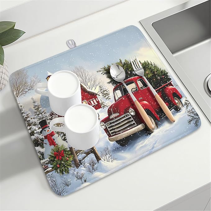 Giwawa Red Truck Dish Drying Mat Winter Xmas Tree Drainer Rack Pad 16"x18" - Image 8